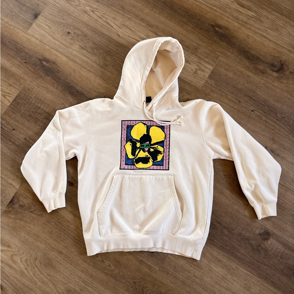 Obey Cream Hoodie with Yellow Flower Graphic